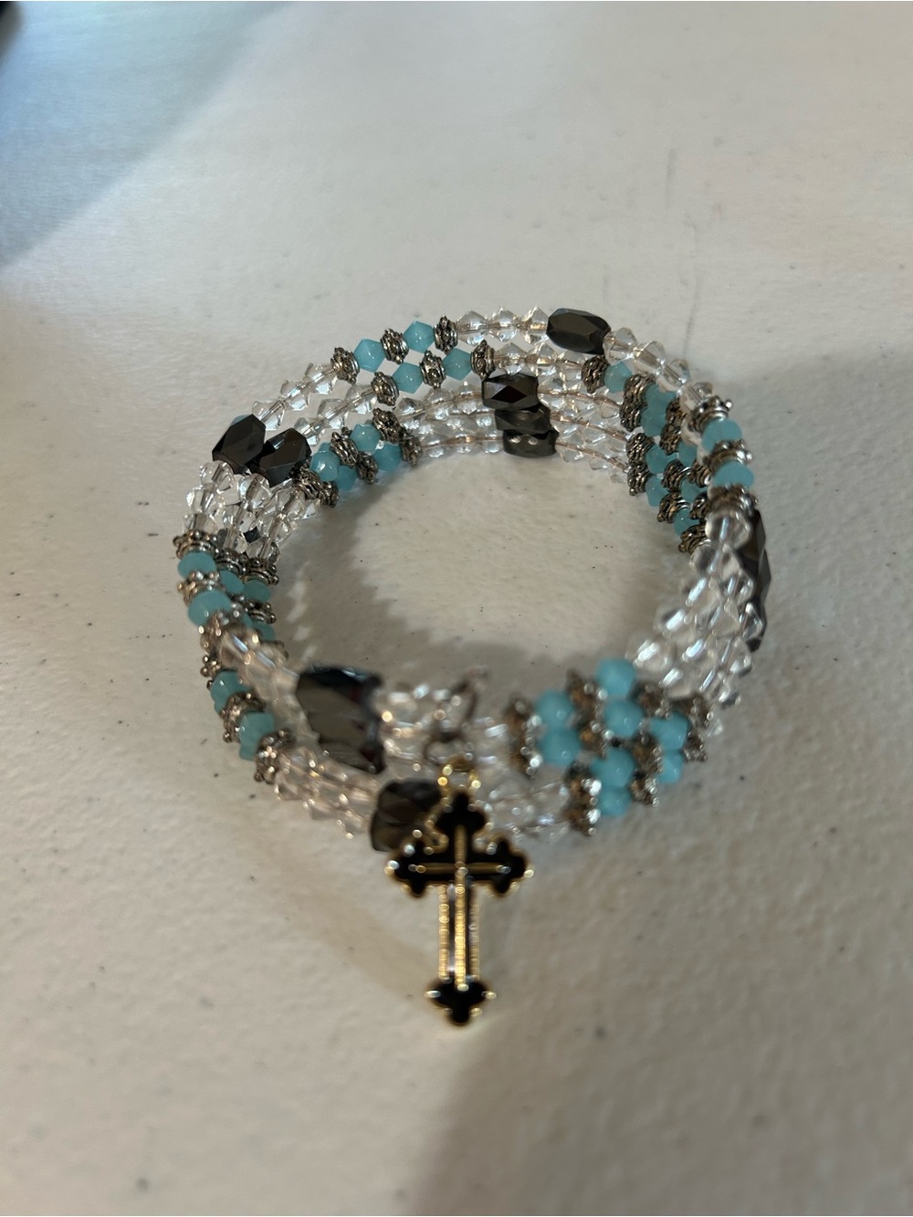 Beaded Turquoise & Clear Wrap Bracelet with Cross Charm